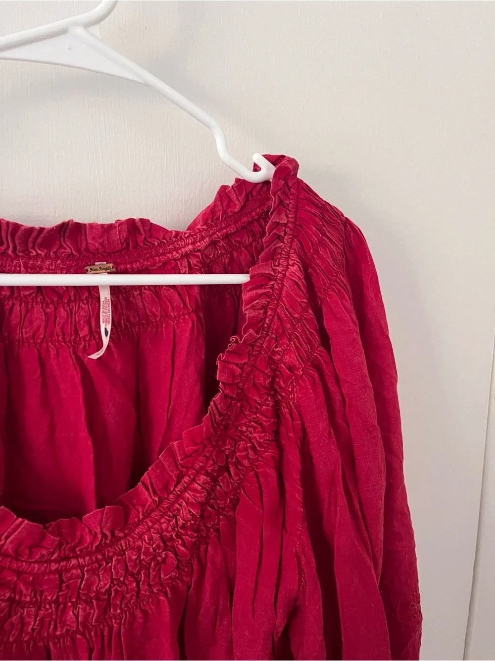 Free People Berry Red Boho Blouse Smocked Neck Embroidered Eyelet Long Sleeve S